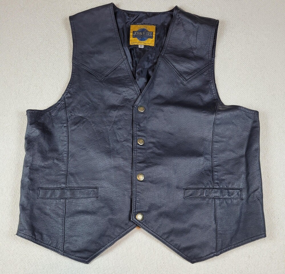 Vintage John F Gee Leather Vest Mens 005 Large Black Button Front Biker Western